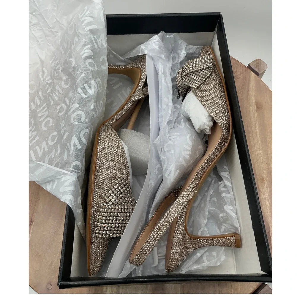 INC International Concepts Women Rhinestone Bow Slingback Metallic Pumps Gold
